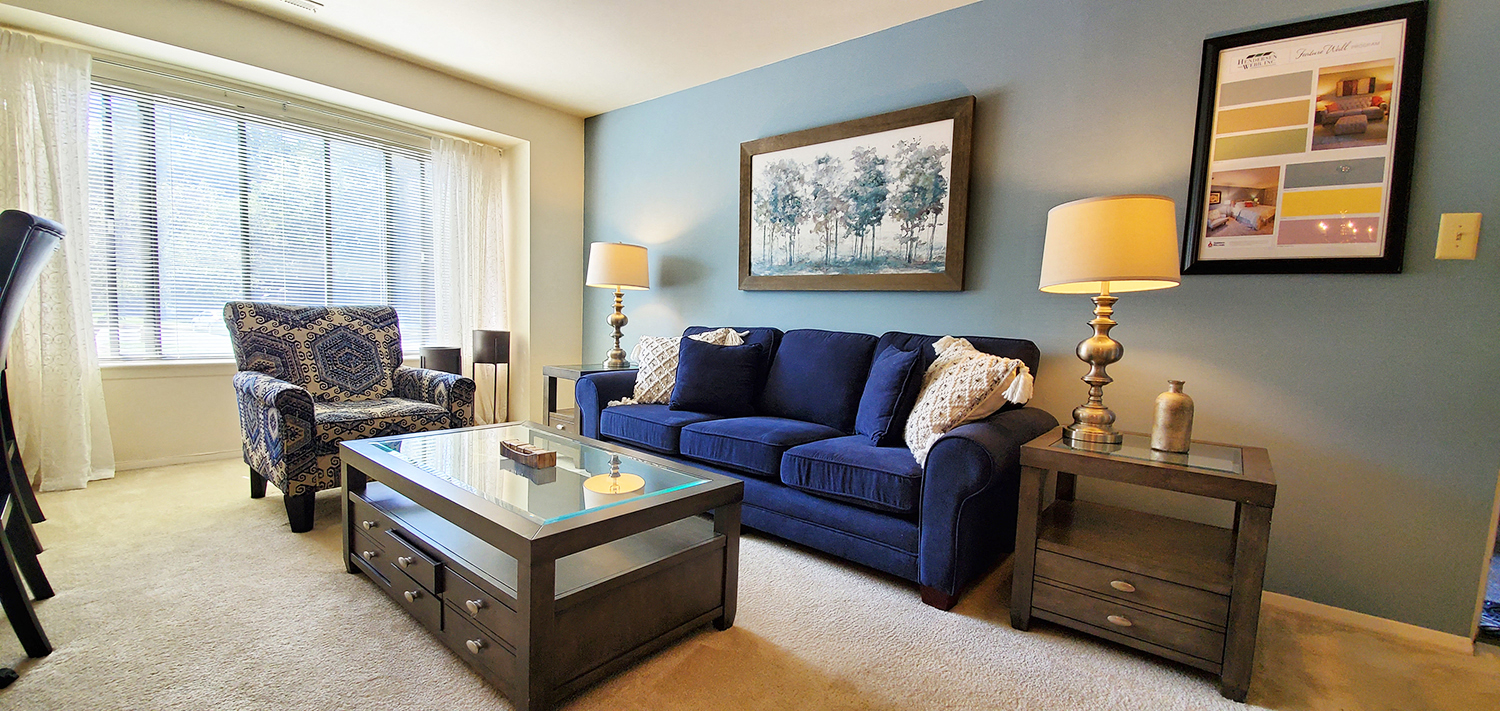 Blue couch at The Bluffs at Clarys Forest, Columbia, Maryland